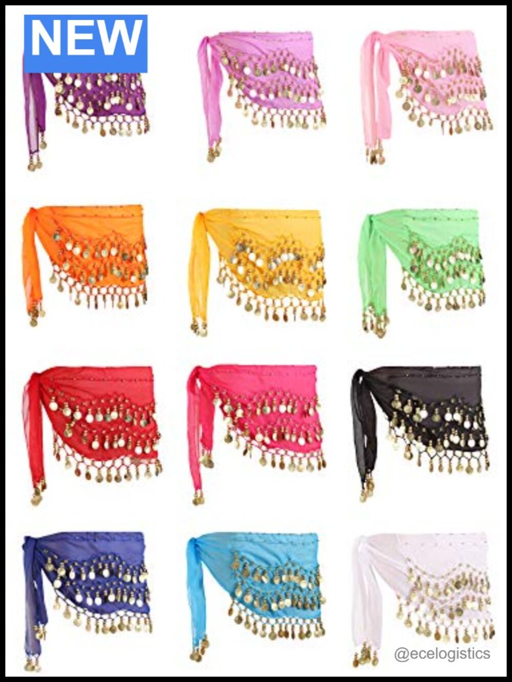 12 Pc Belly Dance Hip Scarf Set Chiffon Wrap Skirts 98 Coins